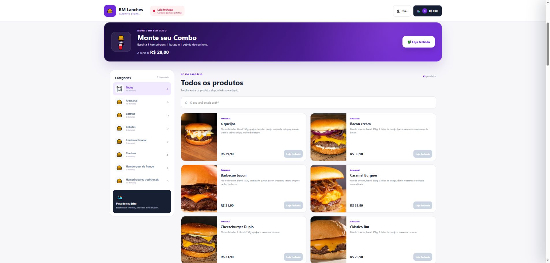 Tela real do cardápio com produtos e categorias