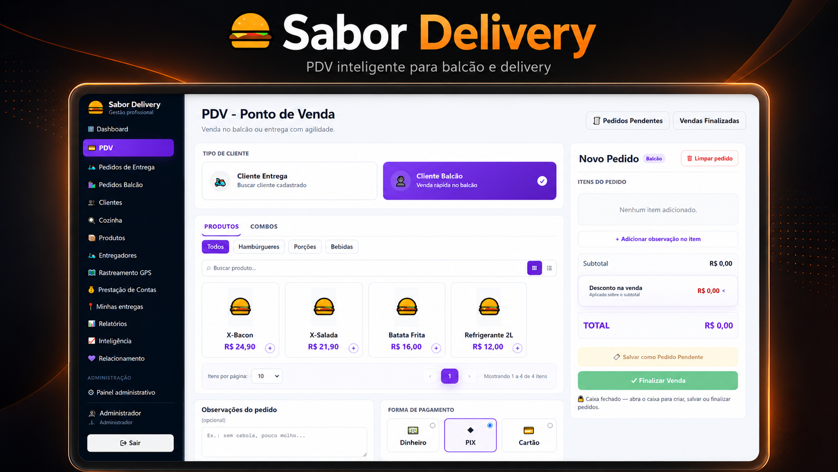 Tela do ponto de venda Sabor Delivery